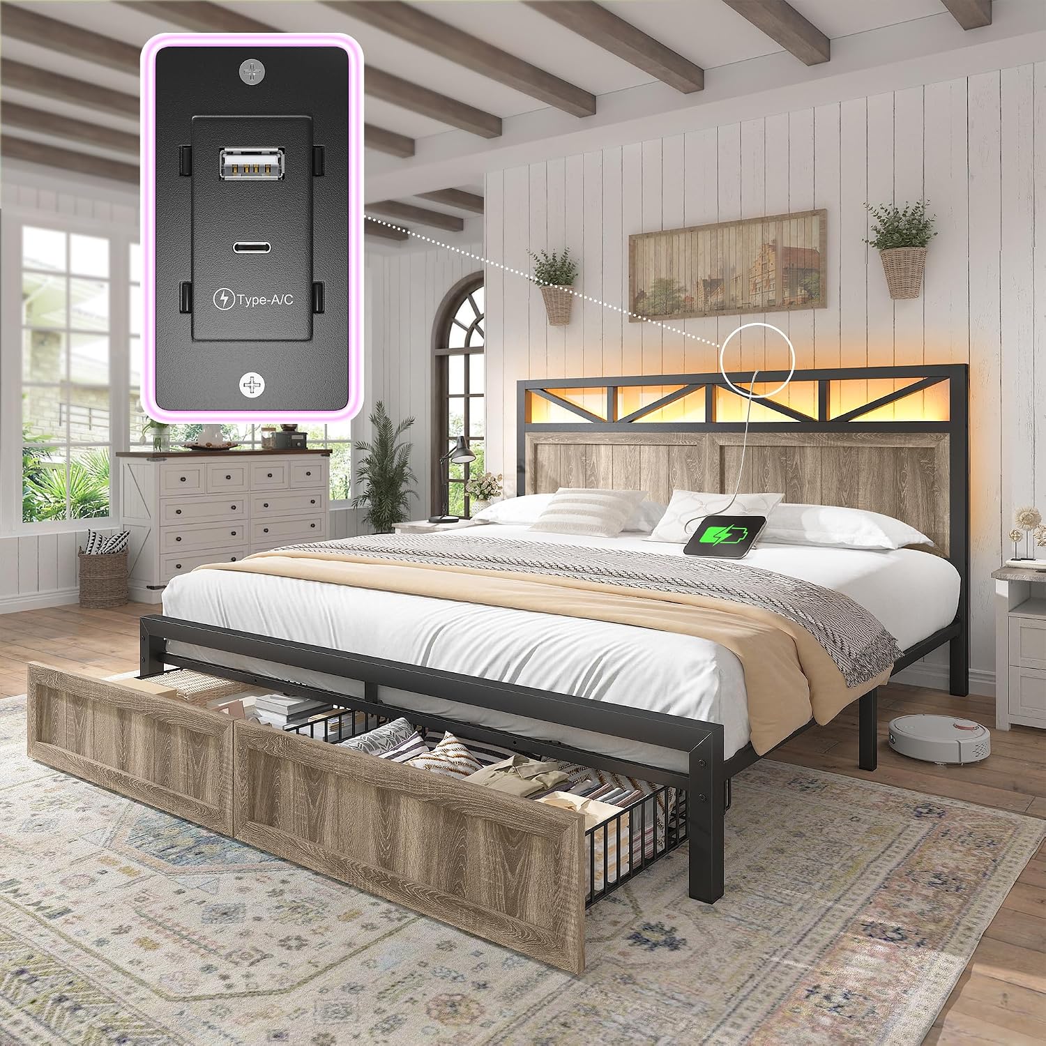 EnHomee Metal Bed Frame Queen Size with 2 Storage Drawers and Headboard,LED Lights, Built in Charging Station,NO Noise,No Box Spring Needed,Grey