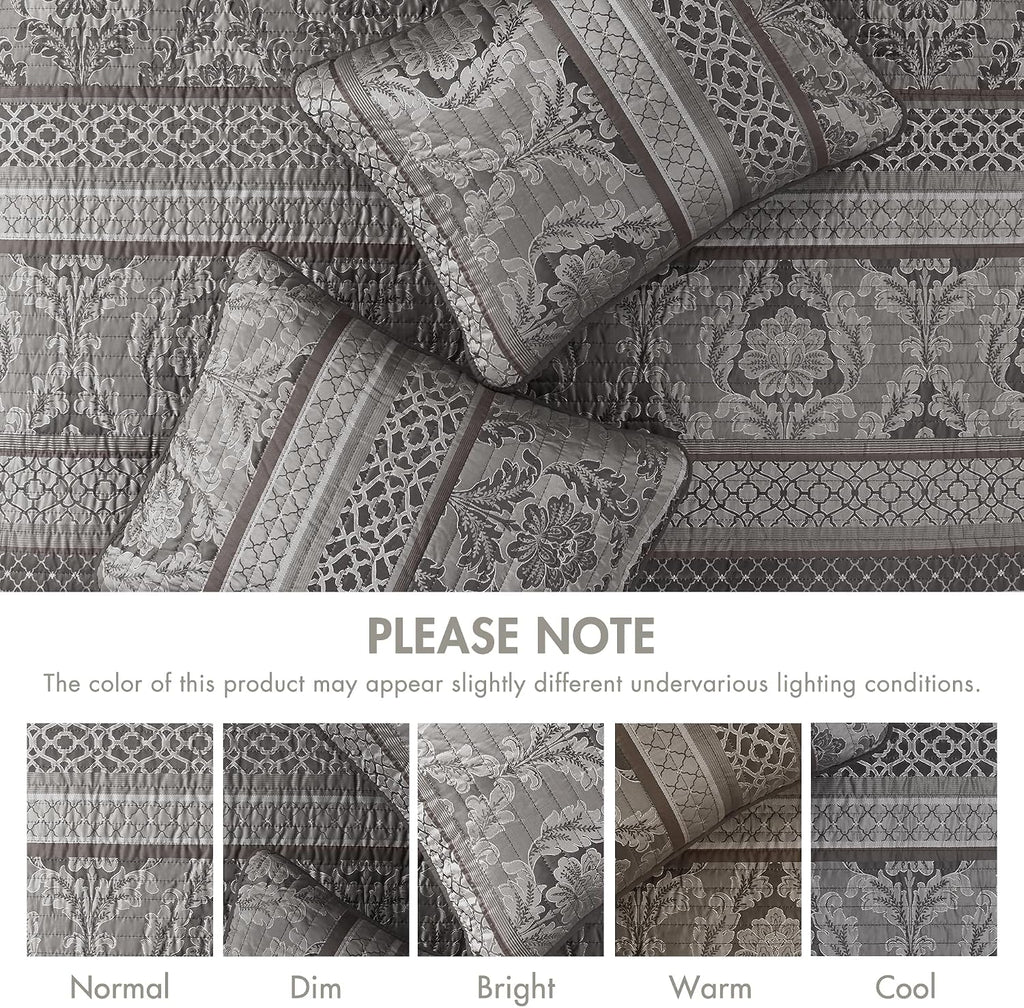 Madison Park Traditional Damask Design All Season, Lightweight Coverlet Bedspread Bedding Set, Matching Shams, Pillows, (102'x118'), Bellagio, Jacquard Grey, 5 Piece