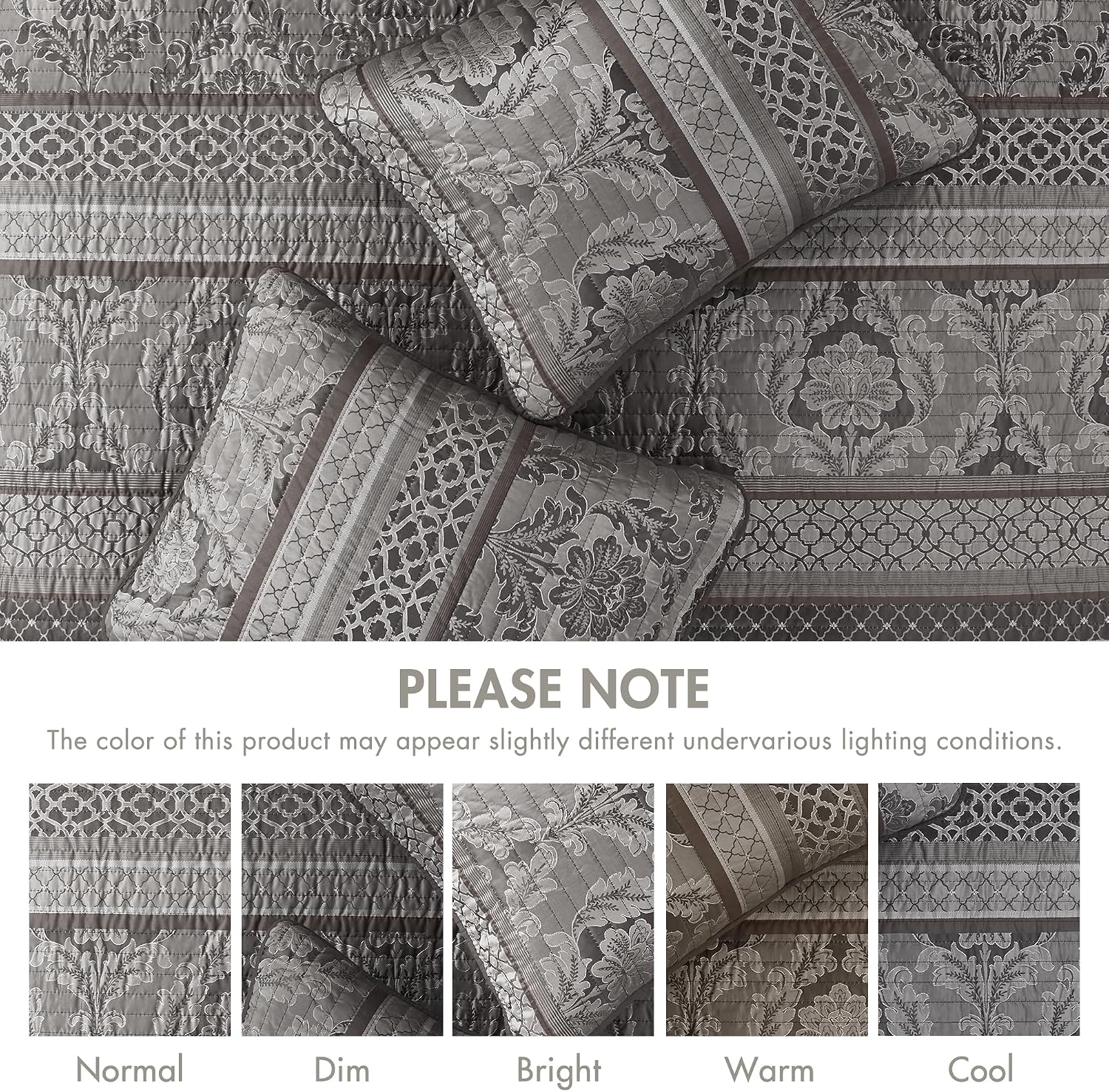 Madison Park Traditional Damask Design All Season, Lightweight Coverlet Bedspread Bedding Set, Matching Shams, Pillows, (120'x118'), Bellagio, Jacquard Grey, 5 Piece