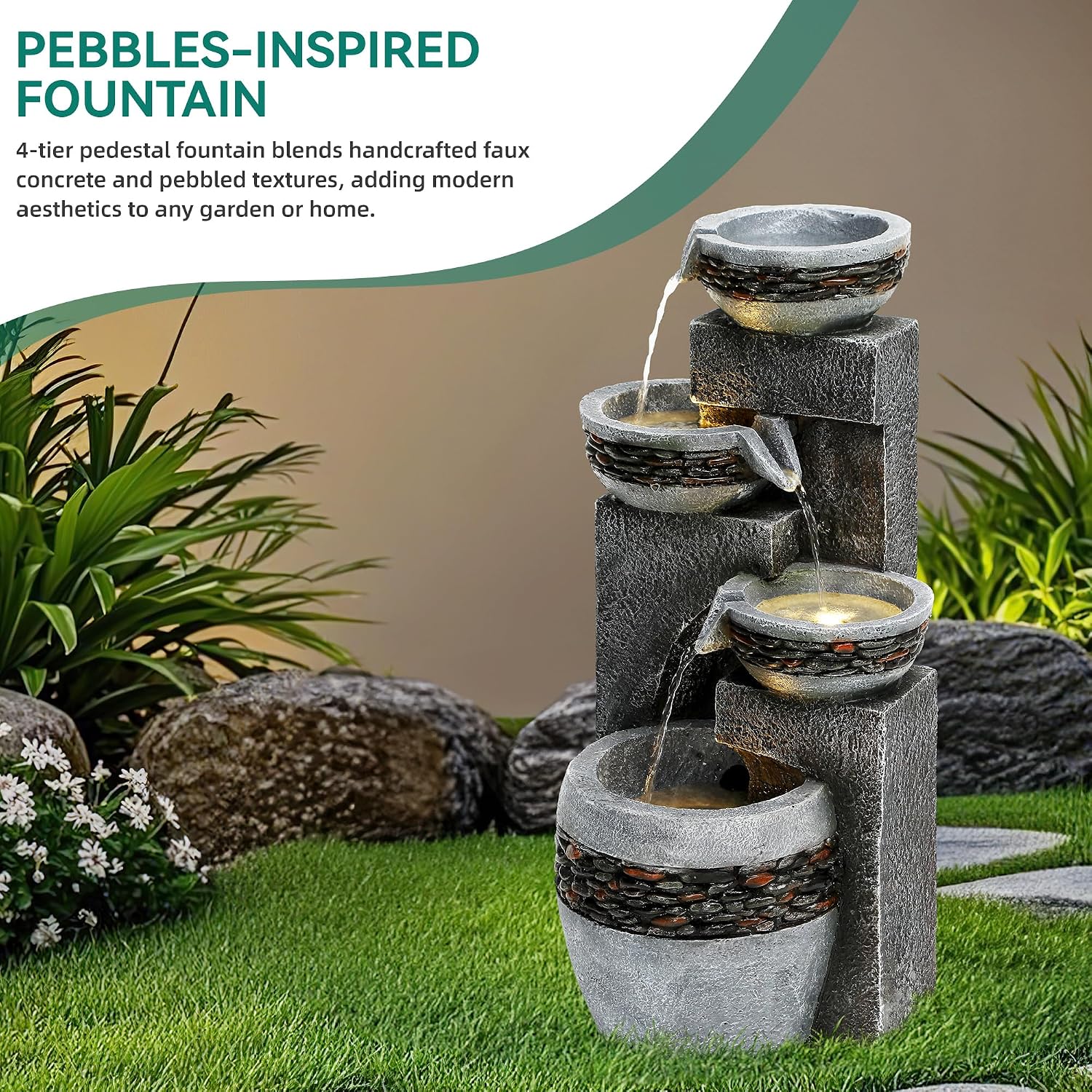 4-Tier 19.5' Indoor/Outdoor Fountain with LED Lights, Resin Pebble Tabletop Design,Soothing Cascading Waterfall for Garden/Patio/Deck/Home Decor