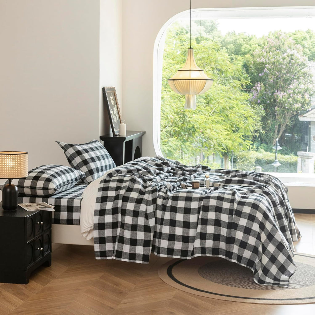 EVERLY Linen Sheets Set King Size,100% French Stonewash Pure Linen Bed Sheets,4Pieces (1Flat Sheet,1Fitted Sheet,2Pillowcase) Suitable for Hot Sleepers,Deep Pocket Natural Bedding Set-Black Plaid