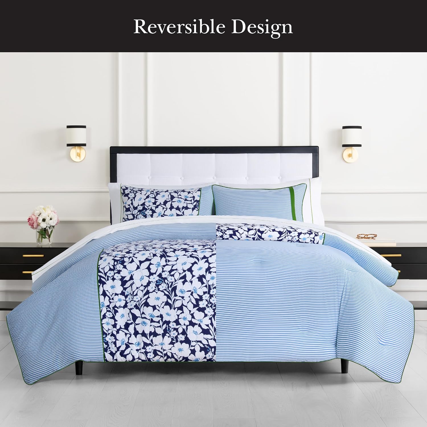 kate spade new york Anemone Field Full/Queen Comforter Set, 100% Cotton Reversible Cover, All Season 3 Piece Bedding, Machine Washable, Blue Multicolor