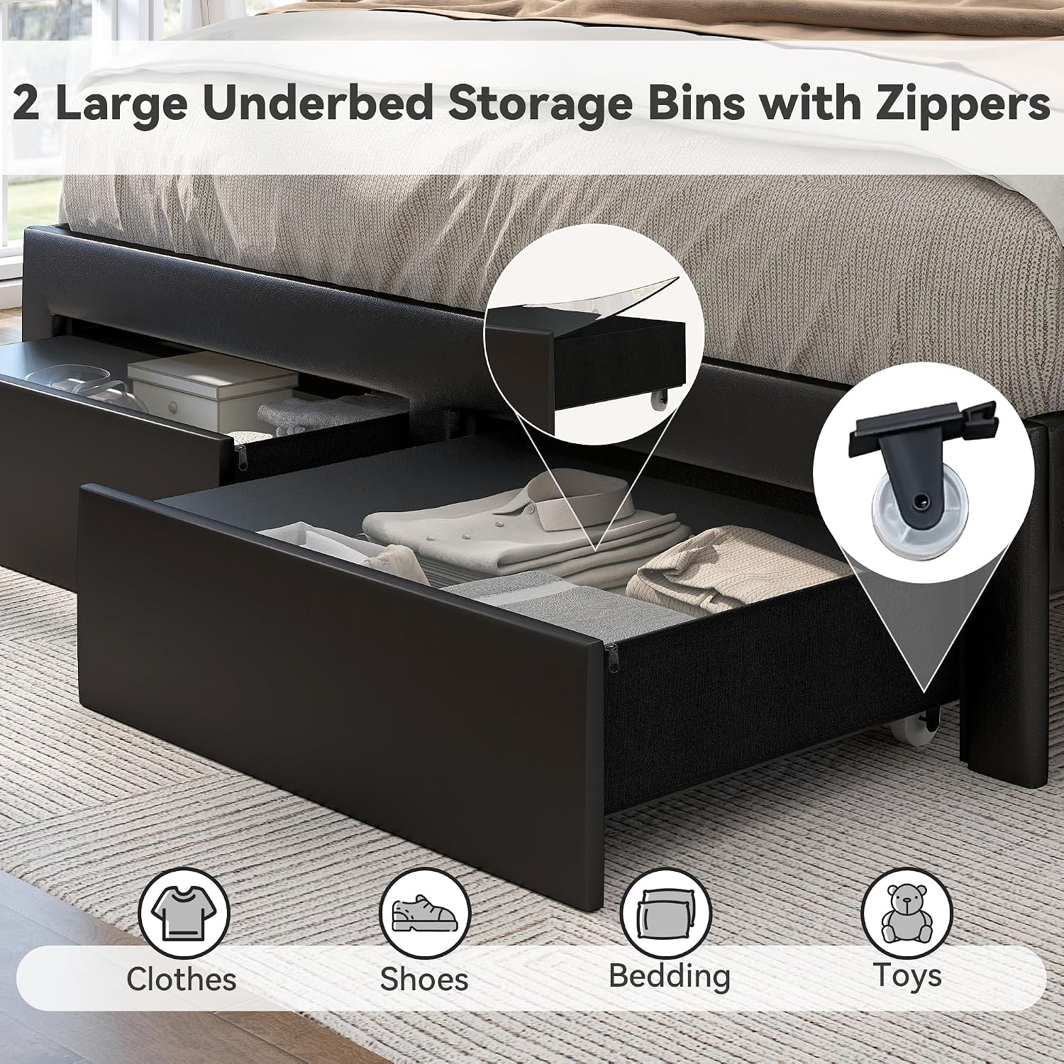 Torana King LED Bed Frame with 2 Drawers, 53' Tall Platform Beds with Galaxy Star Projector Charging Station, PU Upholstered Diamond Tufted Aurora Bedframe with Storage Headboard, Black