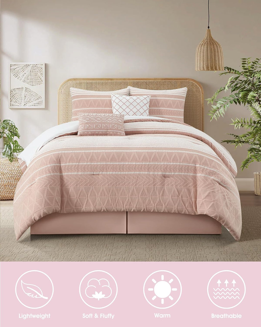 LANCO MODERN LIFESTYLE Cotton Comforter Set California King, Gorgeous Geometric Jacquard, Blush Soft Lightweight Bedding Set for All Seasons, Bedskirt, Pillow Shams and Decor Pillows