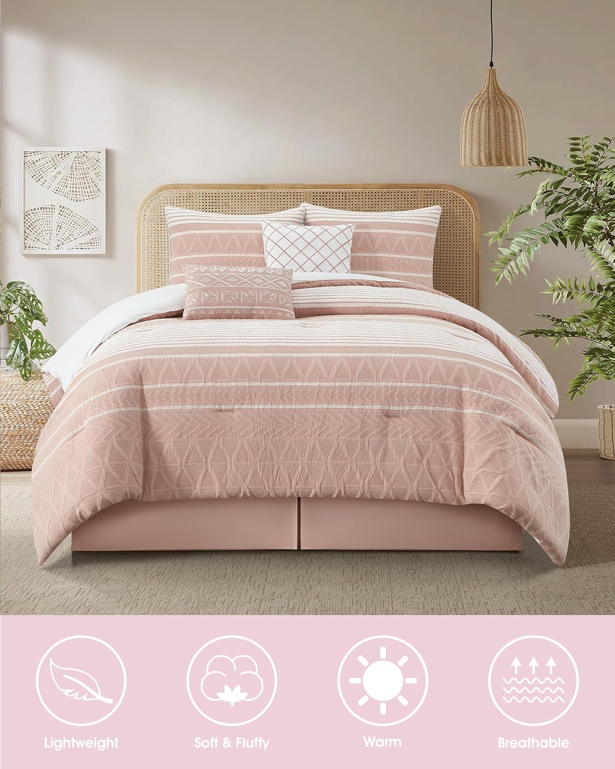 LANCO MODERN LIFESTYLE Cotton Comforter Set California King, Gorgeous Geometric Jacquard, Blush Soft Lightweight Bedding Set for All Seasons, Bedskirt, Pillow Shams and Decor Pillows