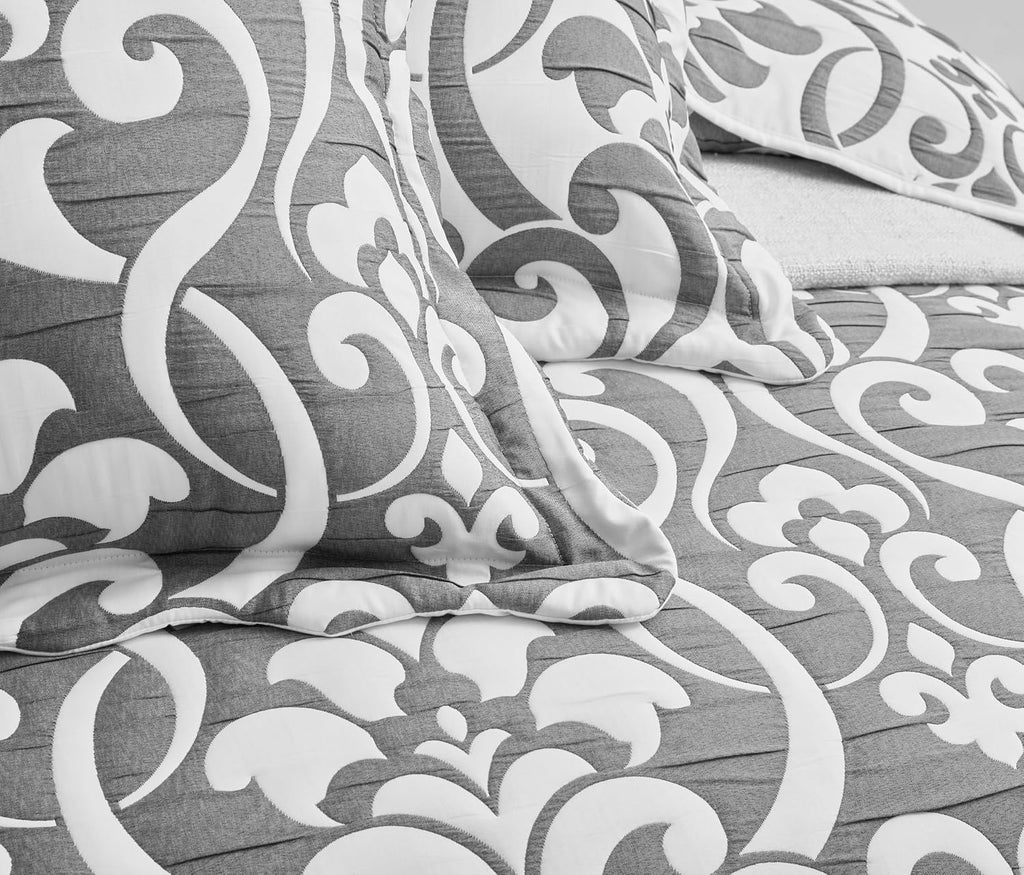 Chezmoi Collection Oversized Bedspread 128x120, Jacquard Matelasse Floral Damask Design, 5-Piece Lightweight Reversible Microfiber Coverlet Set Textured Dot Border, Super King, Dark Gray/White