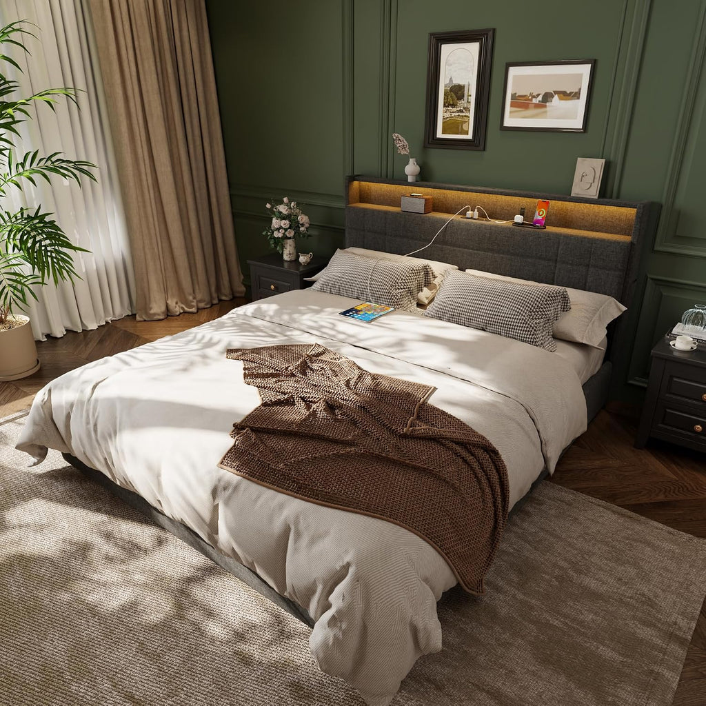 Forestell Queen Bed Frame with 4 Drawers and Storage Headboard, Grey Upholstered Platform Bed Frame Queen Size with Charging Station and LED Lights, Metal Slats Support, No Box Spring Needed