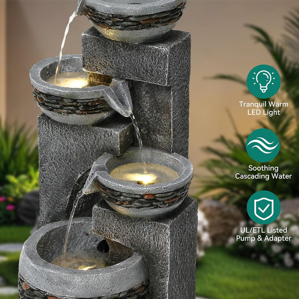 4-Tier 19.5' Indoor/Outdoor Fountain with LED Lights, Resin Pebble Tabletop Design,Soothing Cascading Waterfall for Garden/Patio/Deck/Home Decor