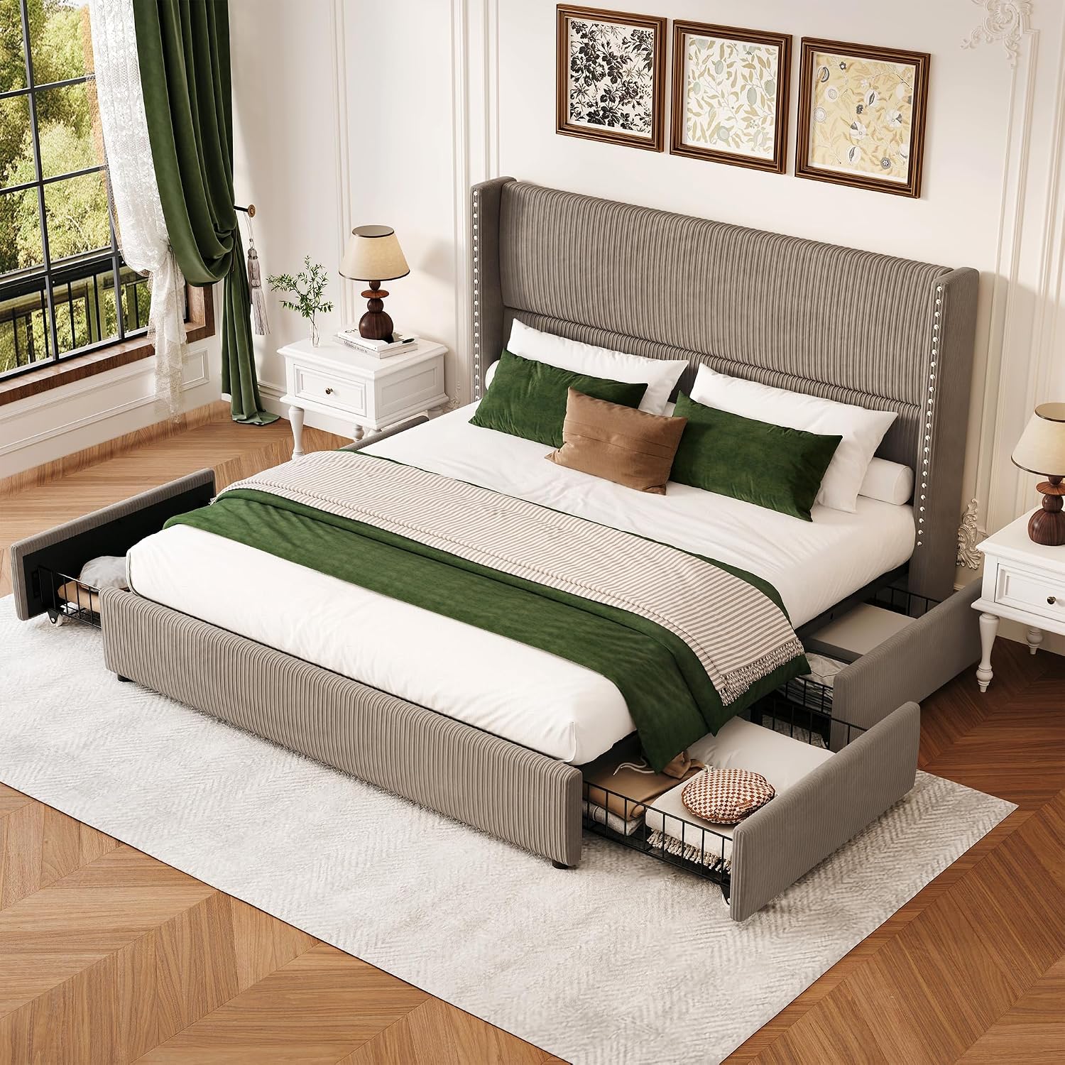 LARMACE Queen Size Bed Frame with 4 Storage Drawers Queen Bed Frame with Headboard Upholstered Corduroy Platform Bed with Vertical Stripe,Solid Wood Leg/No Box Spring Needed/Noise Free,Brown