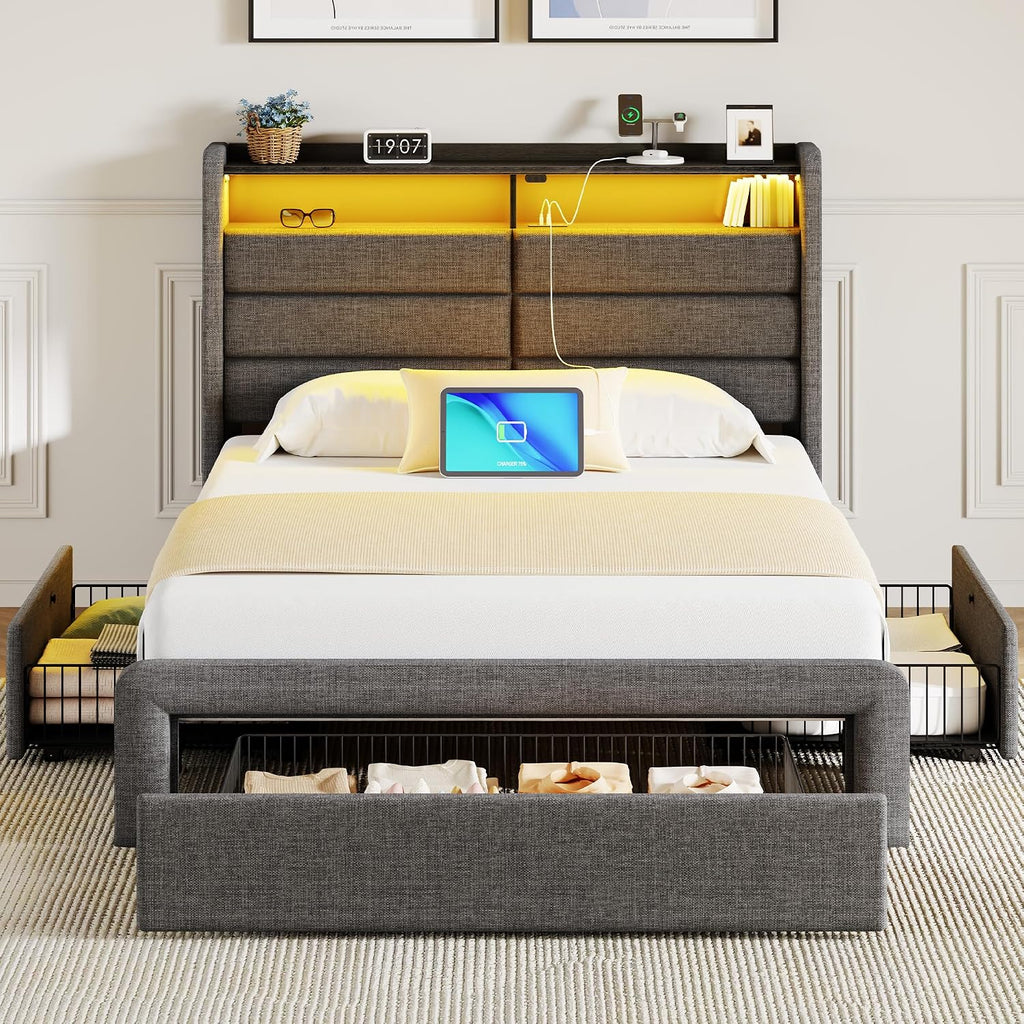 Seventable Twin Bed Frame with Storage Drawers & Charging Station, Upholstered Platform Bed with LED Light and Storage Headboard, Gray, No Box Spring Needed, Noise Free, Easy Assembly