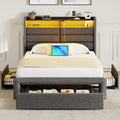 Seventable Twin Bed Frame with Storage Drawers & Charging Station, Upholstered Platform Bed with LED Light and Storage Headboard, Gray, No Box Spring Needed, Noise Free, Easy Assembly