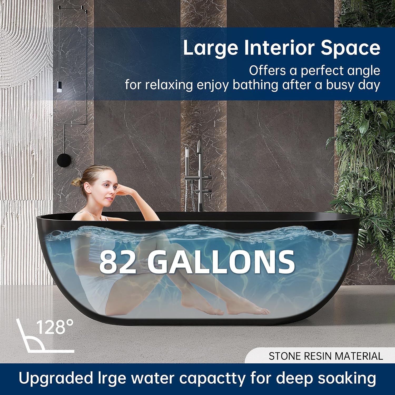 69' Stone Resin Freestanding Bathtub, Oval Solid Surface Bathroom Freestanding Tub, Thin Edge Stand Alone Tub with Integrated Slotted Overflow and Pop-up Drain, Matte Black AFS307-1750