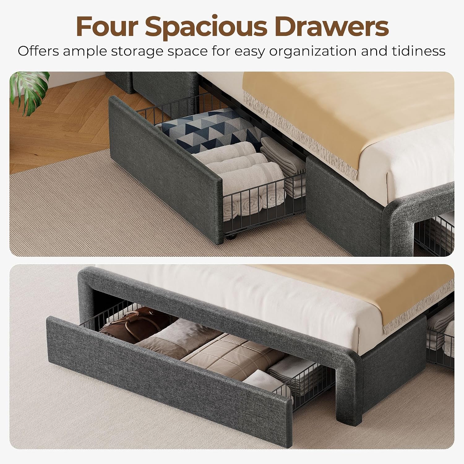 Seventable Twin Size Bed Frame with 3 Storage Drawers & Charging Station, Upholstered Platform Bed with Storage Headboard and LED Light, No Box Spring Needed, Noise Free, Easy Assembly, Dark Grey