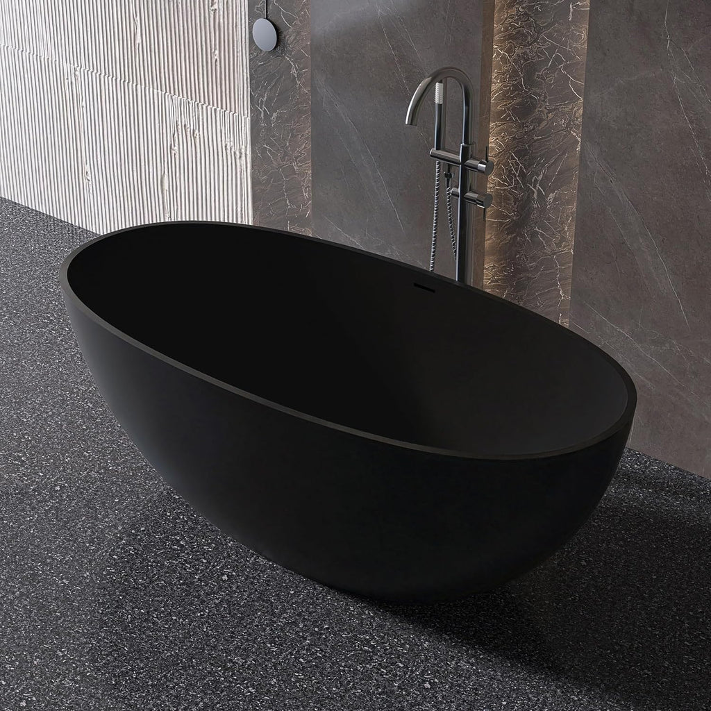 61' Stone Resin Freestanding Bathtub, Oval Solid Surface Bathroom Freestanding Tub, Thin Edge Stand Alone Tub with Integrated Slotted Overflow and Pop-up Drain, Matte Black 303-1550