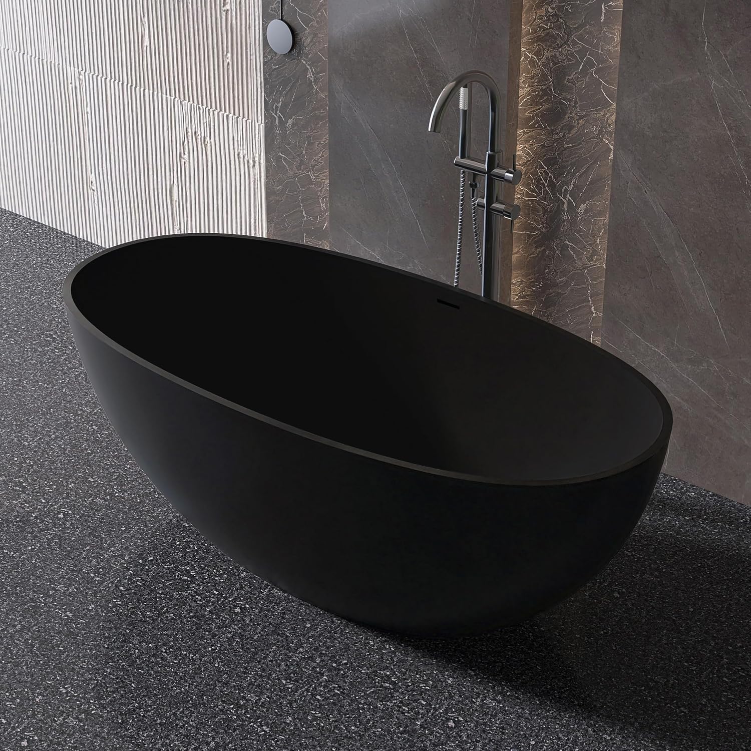 61' Stone Resin Freestanding Bathtub, Oval Solid Surface Bathroom Freestanding Tub, Thin Edge Stand Alone Tub with Integrated Slotted Overflow and Pop-up Drain, Matte Black 303-1550