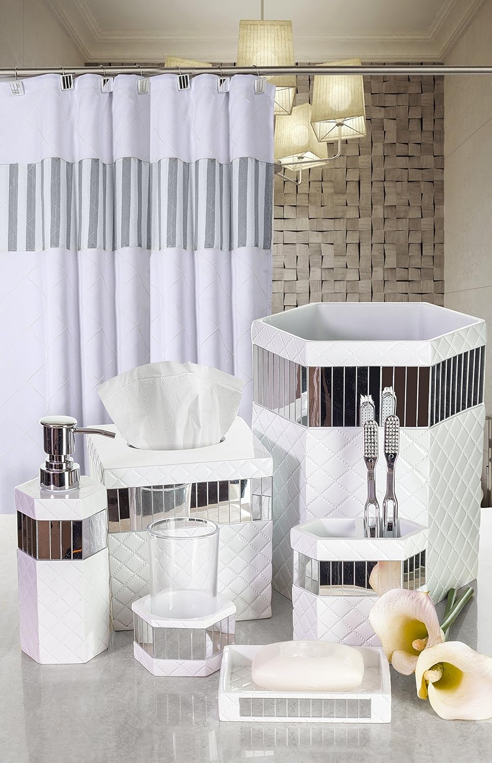 Creative Scents Quilted Mirror White Bathroom Accessories Set - 7 Pc Bathroom Set Includes Trash Can, Tissue Cover, Vanity Tray, Soap Dispenser, Toothbrush Holder, Tumbler & Soap Dish (Quilted Mirror)