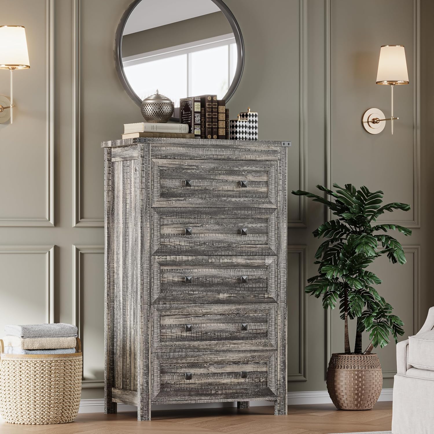 BORNOON Tall 5-Drawer Dresser, Modern Wooden Storage Chest of Drawers, Dresser TV Stand, Wood Drawer Organizer with Metal Handles for Bedroom, Living Room, Hallway