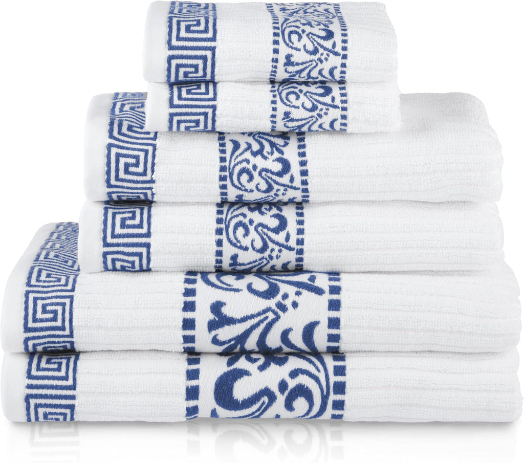 Superior 6-Piece Cotton Towel Set, Decorative Greek Pattern, Home Essentials, Absorbent Towels, Bathroom Decor, Spa, Resort, Includes 2 Hand, 2 Face and 2 Bath Towels, Athens Collection, Navy Blue