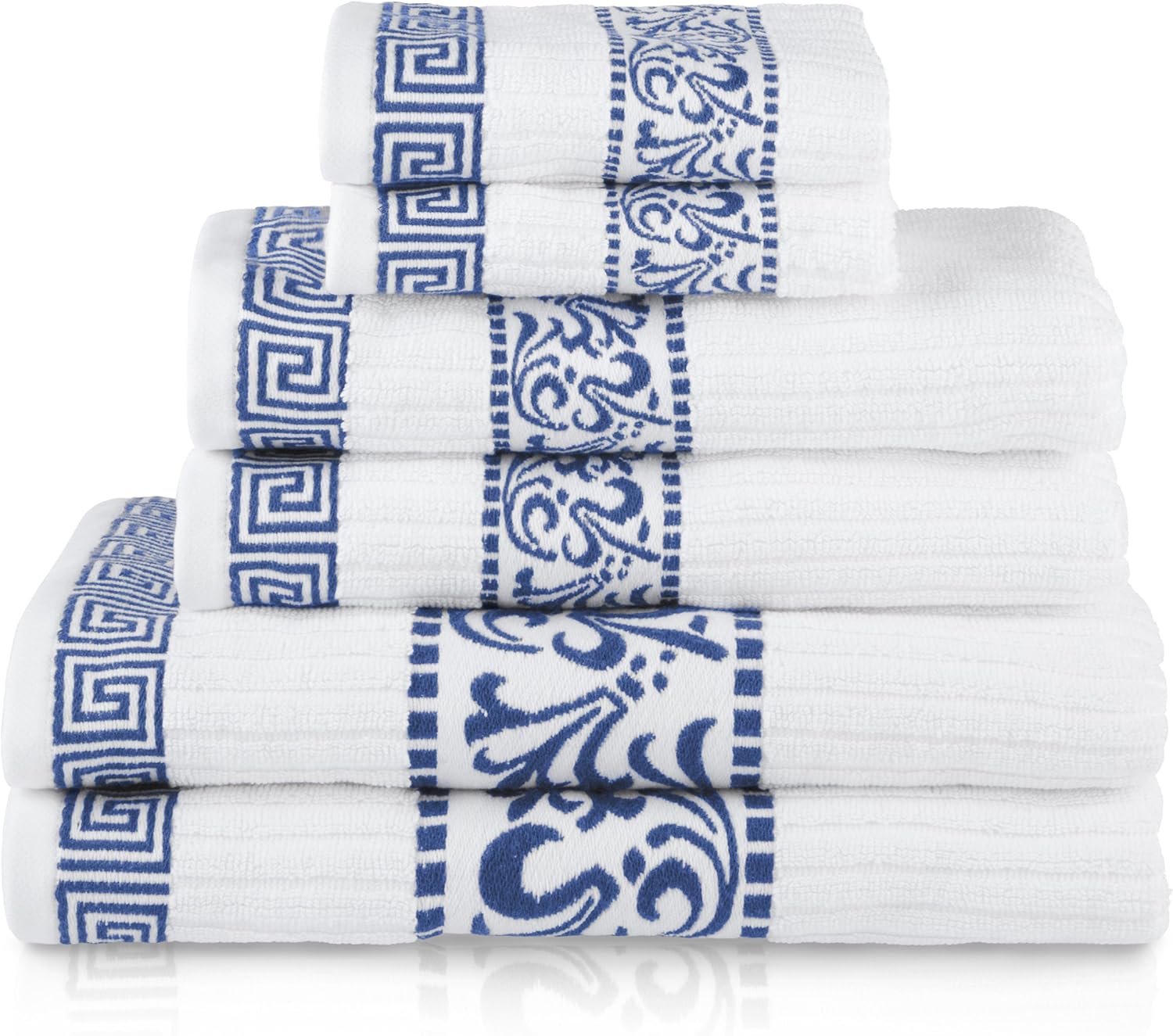 Superior 6-Piece Cotton Towel Set, Decorative Greek Pattern, Home Essentials, Absorbent Towels, Bathroom Decor, Spa, Resort, Includes 2 Hand, 2 Face and 2 Bath Towels, Athens Collection, Navy Blue