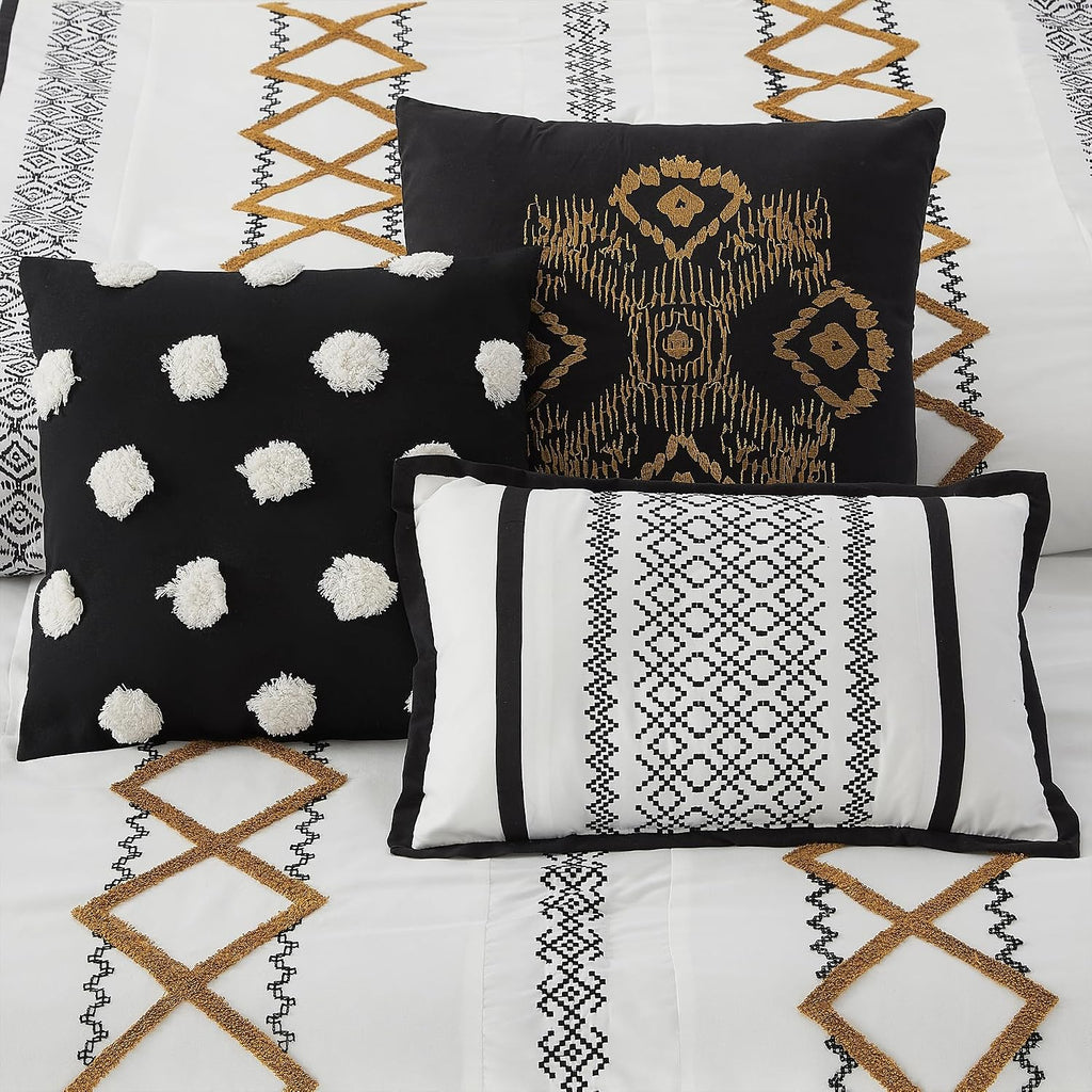 LANCO MODERN LIFESTYLE Black Gold Queen Comforter Set, 7 Pieces All Season Bedding Sets in a Bag with Geometric Terry Embroidered Comforter, Bed Skirt, Pillow Shams and Decorative Pillows
