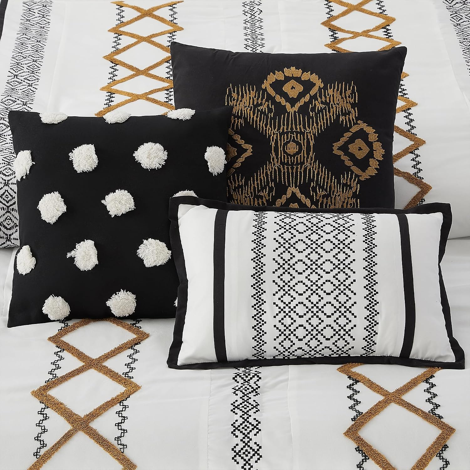 LANCO MODERN LIFESTYLE Black Gold Queen Comforter Set, 7 Pieces All Season Bedding Sets in a Bag with Geometric Terry Embroidered Comforter, Bed Skirt, Pillow Shams and Decorative Pillows