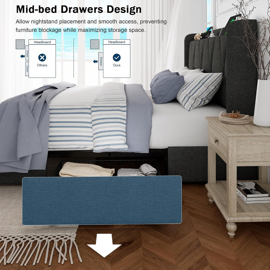 GalnFu Queen Bed Frame with 4 Storage Drawers, Upholstered Platform Bed with Charging Station, Modern Wingback Storage Headboard, Easy Assembly,Noise-Free, Black