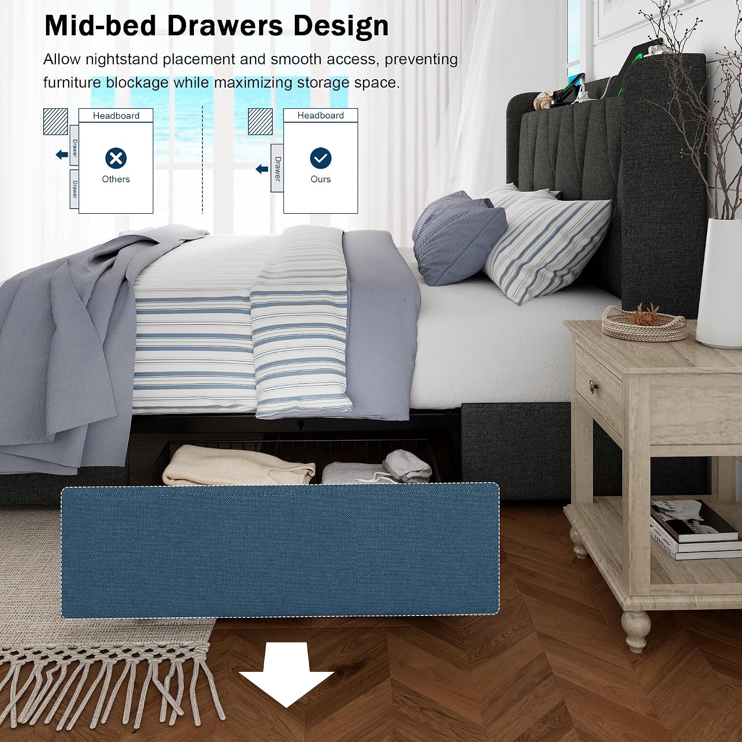 GalnFu Queen Bed Frame with 4 Storage Drawers, Upholstered Platform Bed with Charging Station, Modern Wingback Storage Headboard, Easy Assembly,Noise-Free, Dark Gray
