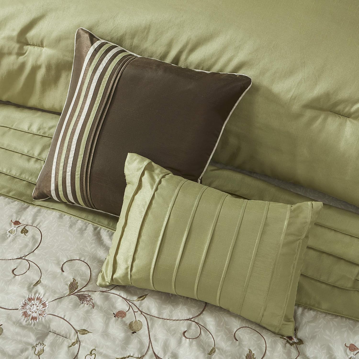 Madison Park Serene Faux Silk Comforter Set - Floral Embroidery Design, All Season Bedding Set, Matching Bed Skirt, Decorative Pillows, Green Queen(90'x90') 7 Piece
