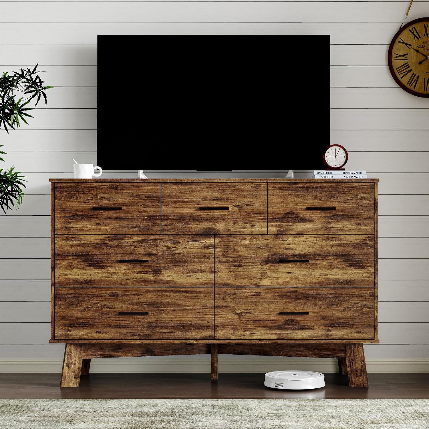 BORNOON Dresser for Bedroom with 7-Drawer, 47.2' Wide Modern Chest of Drawers with Metal Handles, X-Shape Base & Adjustable Center Leg, Anti-Tip Closet Organizers and Storage
