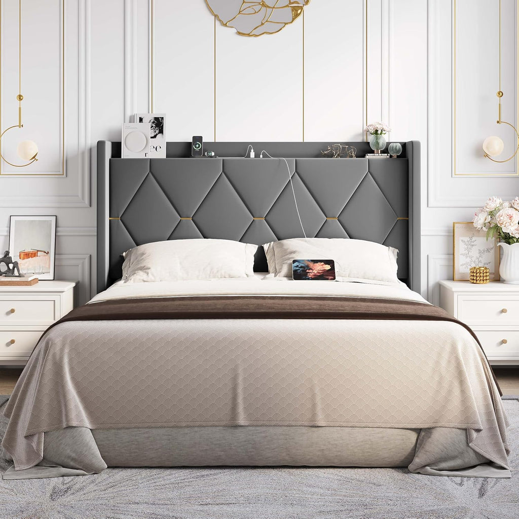 Allewie Velvet Queen Upholstered Bed Frame with Wingback Storage Headboard & Charging Station, Platform Bed with Diamond Tufted Design & Gold Trim, No Box Spring Needed, Easy Assembly, Grey