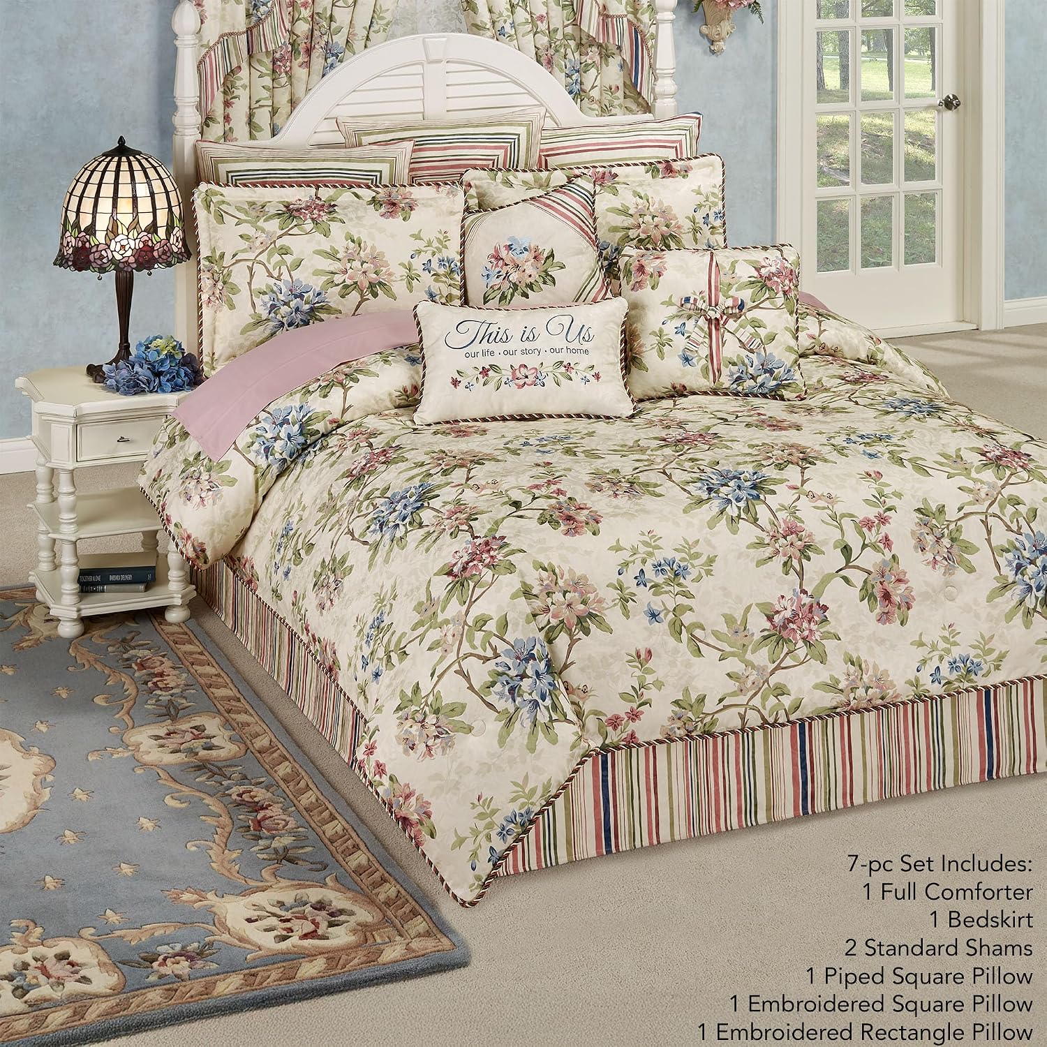 Chatsworth Cottage Country Polyester Jacquard Woven Bedding | Classic Traditional Flower Stripe Floral | Cream Ivory Rose Sage Blue Latte | 7 Pc Set Full Comforter, Bedskirt, 2 Shams, 3 Pillows