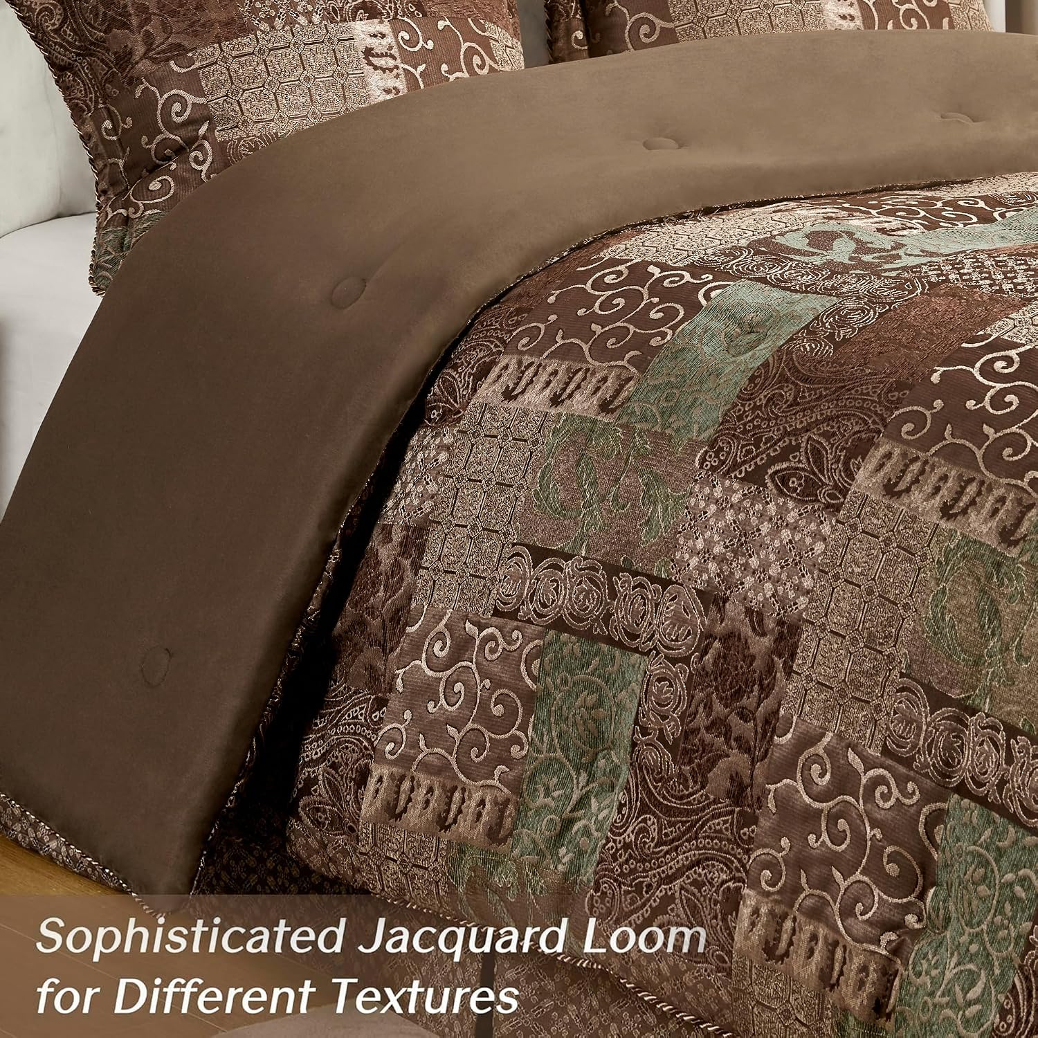 Croscill King Comforter Set, Luxe Chenille Jacquard Patchwork, Microfiber Twill Comforter for a King-Size Bed, Oversized Comforter King Bedding, 2 Shams & Bedskirt, Galleria, King, Brown