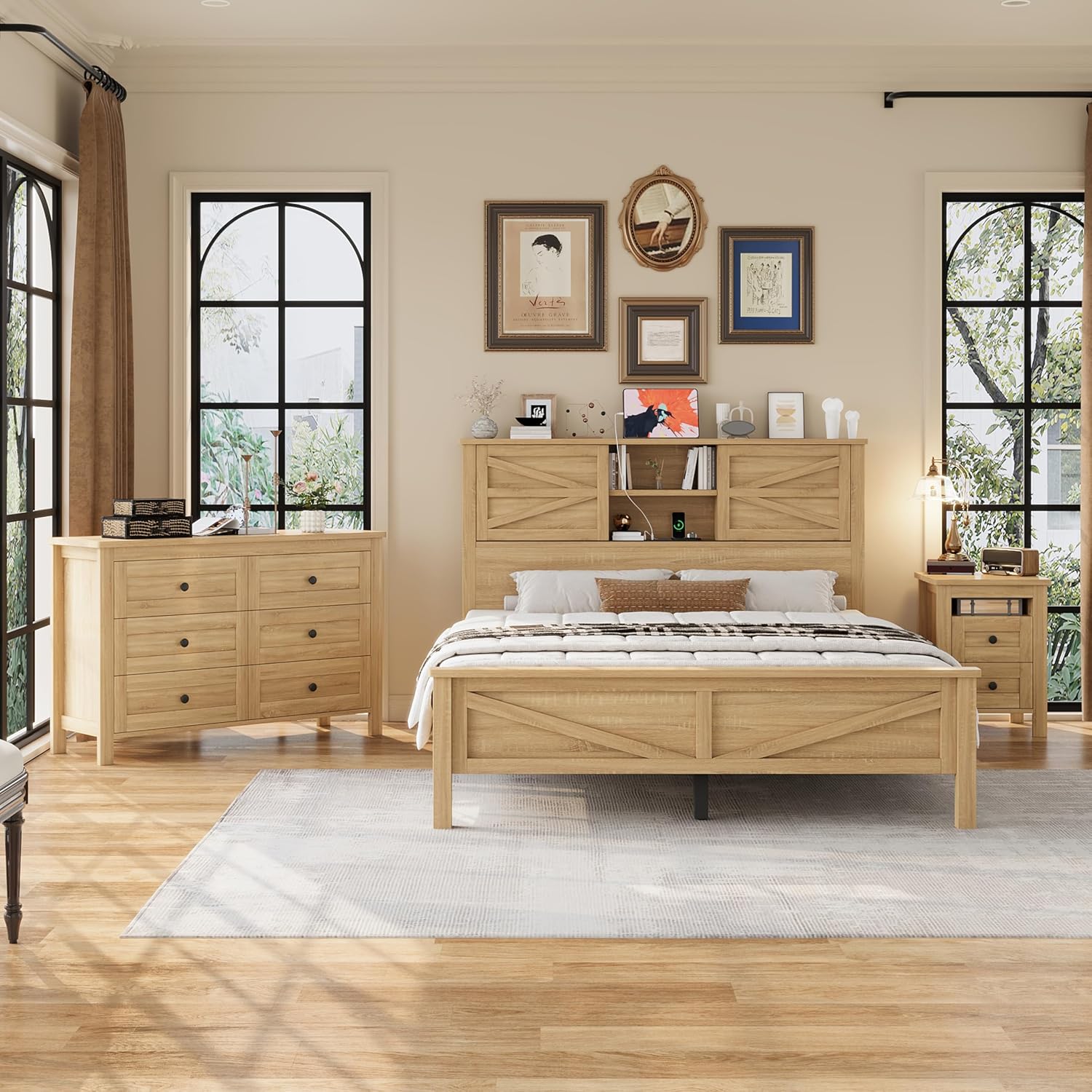 Harper & Bright Designs 3-Pieces Bedroom Sets Queen Size Farmhouse Platform Bed with Double Sliding Door Storage Headboard and Charging Station, Storage Nightstand and Dresser, Natural