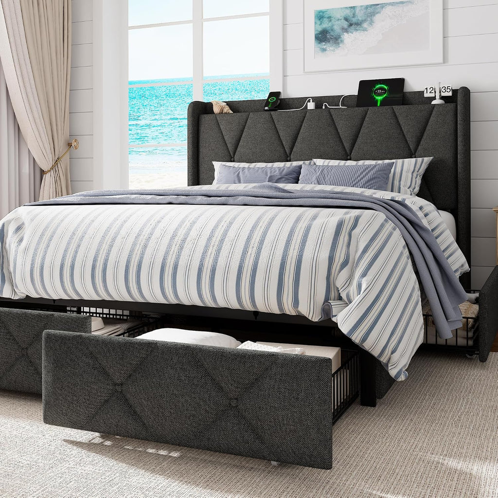 GalnFu Queen Bed Frame with 4 Storage Drawers, Upholstered Platform Bed with Charging Station, Modern Wingback Storage Headboard, Easy Assembly,Noise-Free, Dark Gray