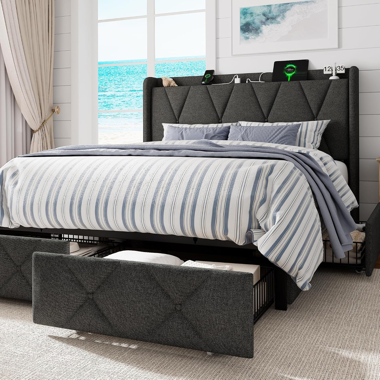 GalnFu Queen Bed Frame with 4 Storage Drawers, Upholstered Platform Bed with Charging Station, Modern Wingback Storage Headboard, Easy Assembly,Noise-Free, Dark Gray