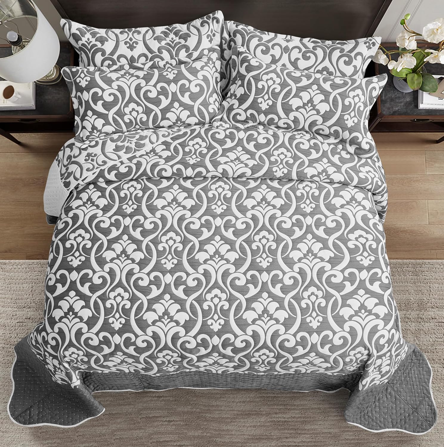 Chezmoi Collection Oversized Bedspread 128x120, Jacquard Matelasse Floral Damask Design, 5-Piece Lightweight Reversible Microfiber Coverlet Set Textured Dot Border, Super King, Dark Gray/White