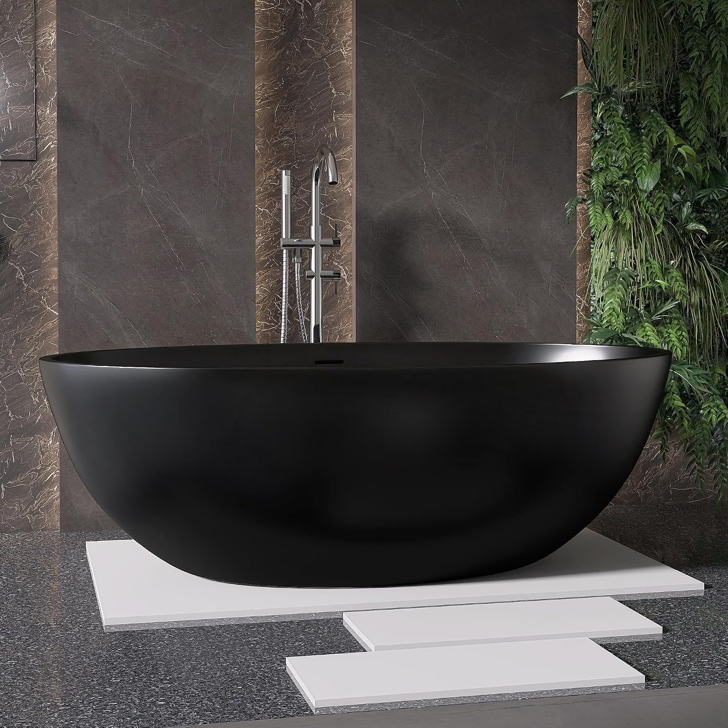 67' Stone Resin Freestanding Bathtub, Oval Solid Surface Bathroom Freestanding Tubs,Stand Alone Soaking Tub with Drain & Integrated Slotted Overflow Matte black AM301-1700