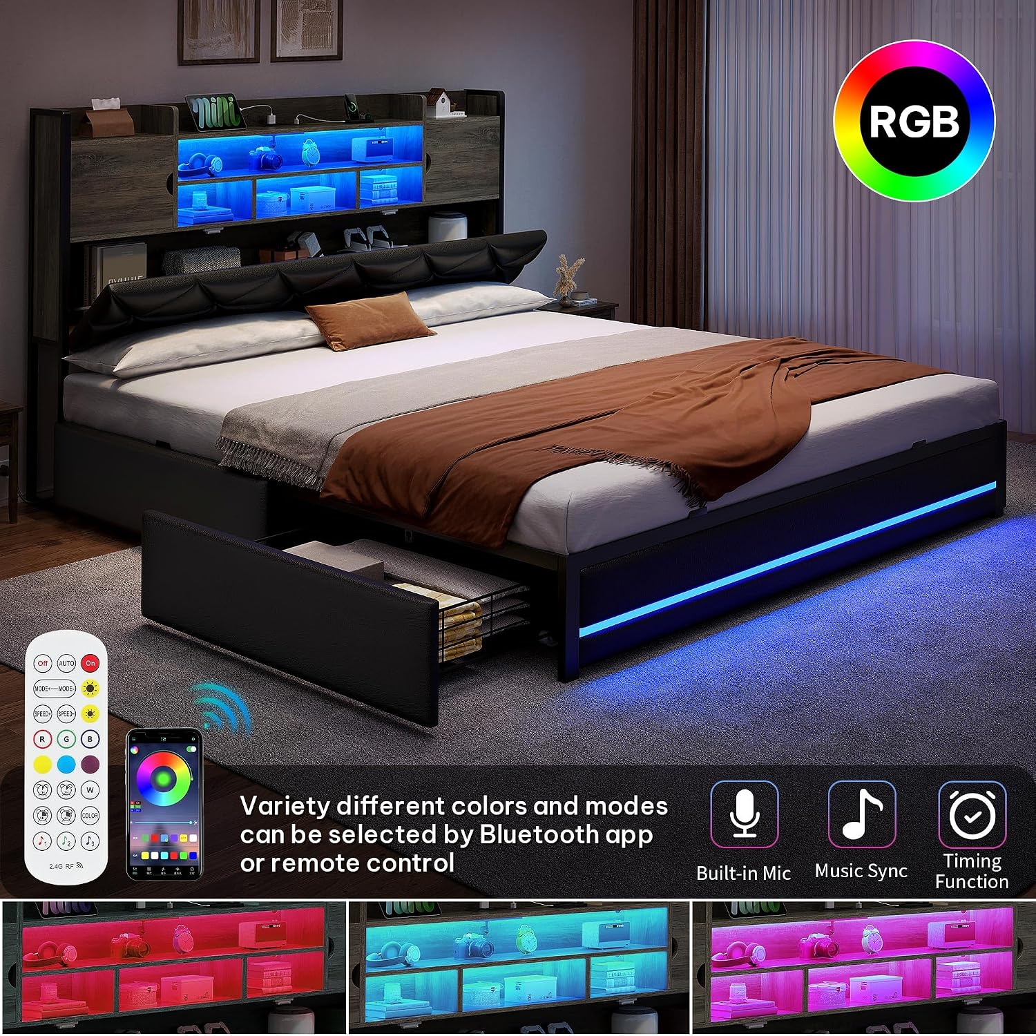 DWVO Queen Size Bed Frame with RGB LED Lights & Storage Bookcase Headboard, Upholstered Bed with Charging Station and 4 Drawers, No Box Spring Needed, Easy Assembly, Noise-Free, PU Leather Black