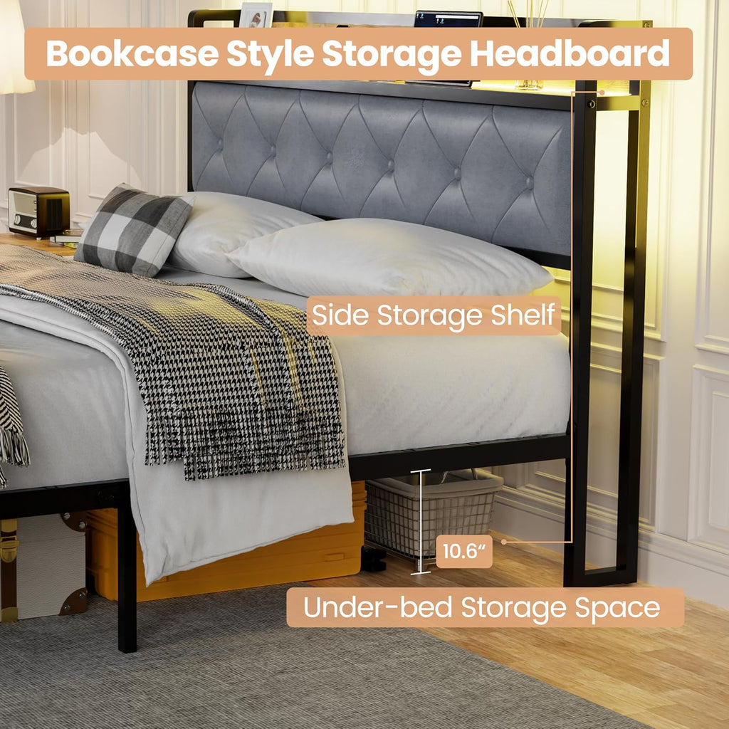 Queen Size Bed Frame with 2 Storage Drawers and LED Lights, Upholstered Headboard with Storage Shelf and Charging Station, Metal Platform Bed Frame Queen Size, Noise Free, No Box Spring Needed