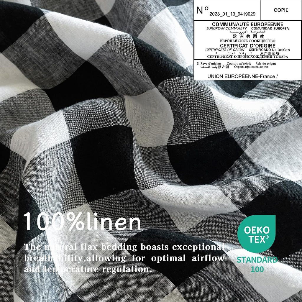 EVERLY Linen Sheets Set King Size,100% French Stonewash Pure Linen Bed Sheets,4Pieces (1Flat Sheet,1Fitted Sheet,2Pillowcase) Suitable for Hot Sleepers,Deep Pocket Natural Bedding Set-Black Plaid