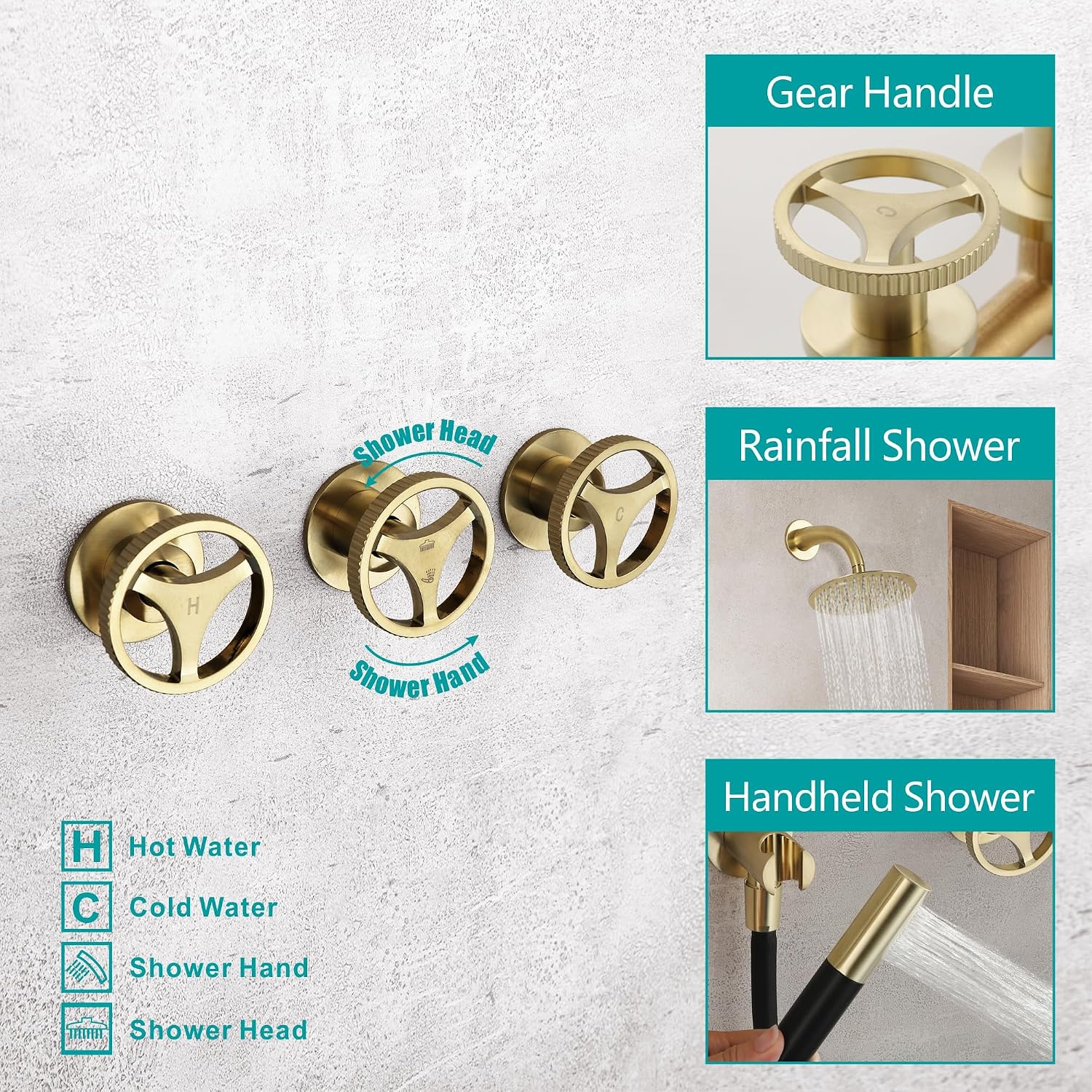 SKOWLL Rainfall Shower Faucet Set 3 Handle Shower Fixtures System Wall Mount 10 Inch Bathroom Shower Head Kit with 2 Function Shower Valve, Brushed Gold