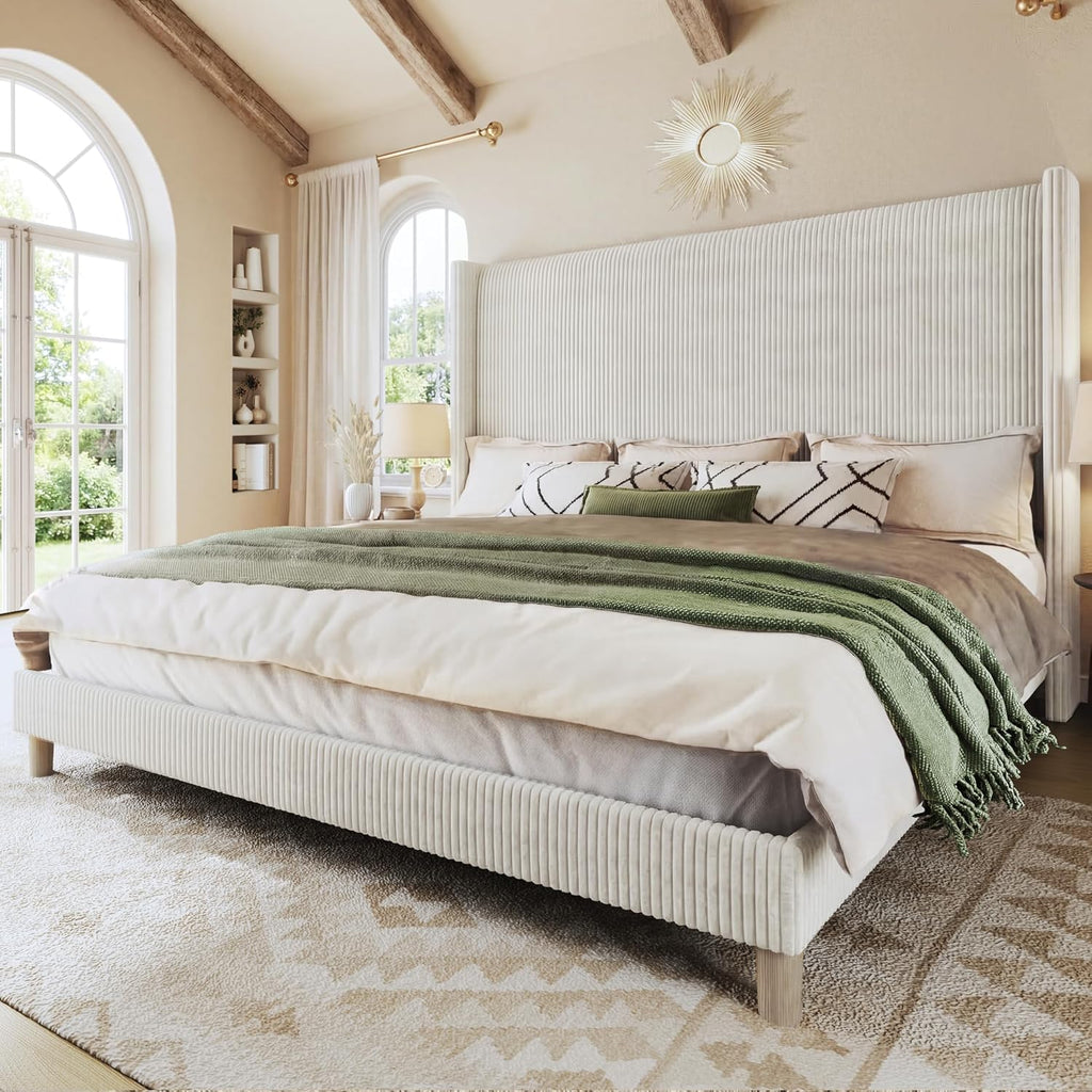 HUAHUU King Size Bed Frame with 51.2' Tall Headboard, Corduroy Upholstered Bed Frame with Wingback, Platform Bed with Wooden Slats Support, Easy Assembly, No Box Spring Needed, Beige