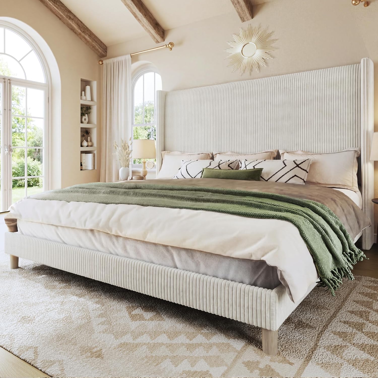 HUAHUU King Size Bed Frame with 51.2' Tall Headboard, Corduroy Upholstered Bed Frame with Wingback, Platform Bed with Wooden Slats Support, Easy Assembly, No Box Spring Needed, Beige