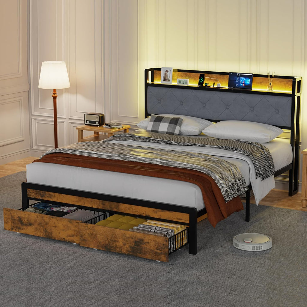 Queen Size Bed Frame with 2 Storage Drawers and LED Lights, Upholstered Headboard with Storage Shelf and Charging Station, Metal Platform Bed Frame Queen Size, Noise Free, No Box Spring Needed