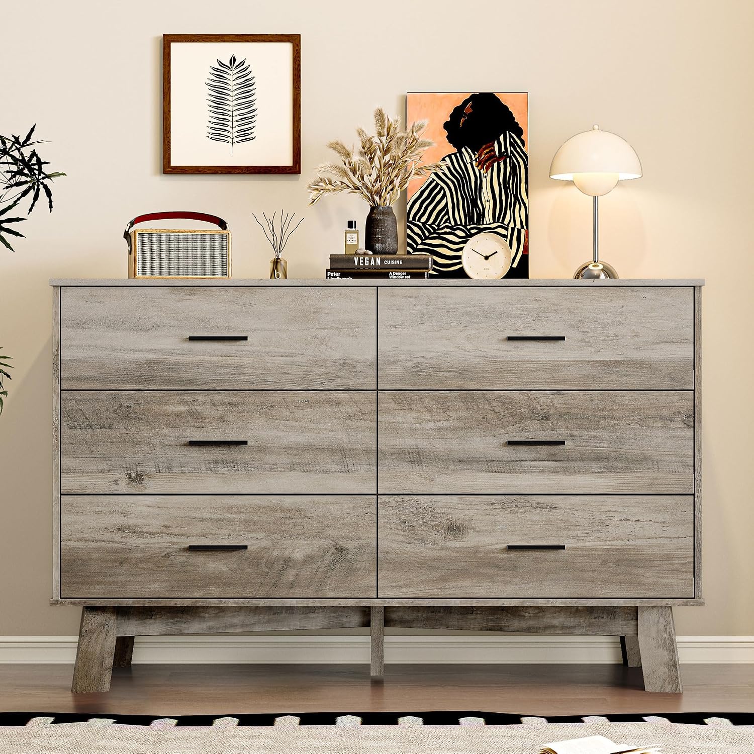 BORNOON Dresser for Bedroom with 6-Drawer, 47.2' Modern Chest of Drawers with Metal Handles, X-Shape Base & Adjustable Center Leg, Anti-Tip Closet Organizers and Storage