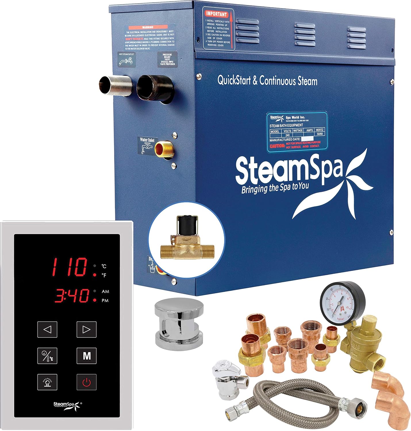 4.5kW Steam Sauna Generator Premium Bundle 240V Steam Generator with Touch Pad Control, Steamheads, Pressure Relief Valve, Built-in Auto Drain and Plumber Quick Install Kit PRT450CH-A