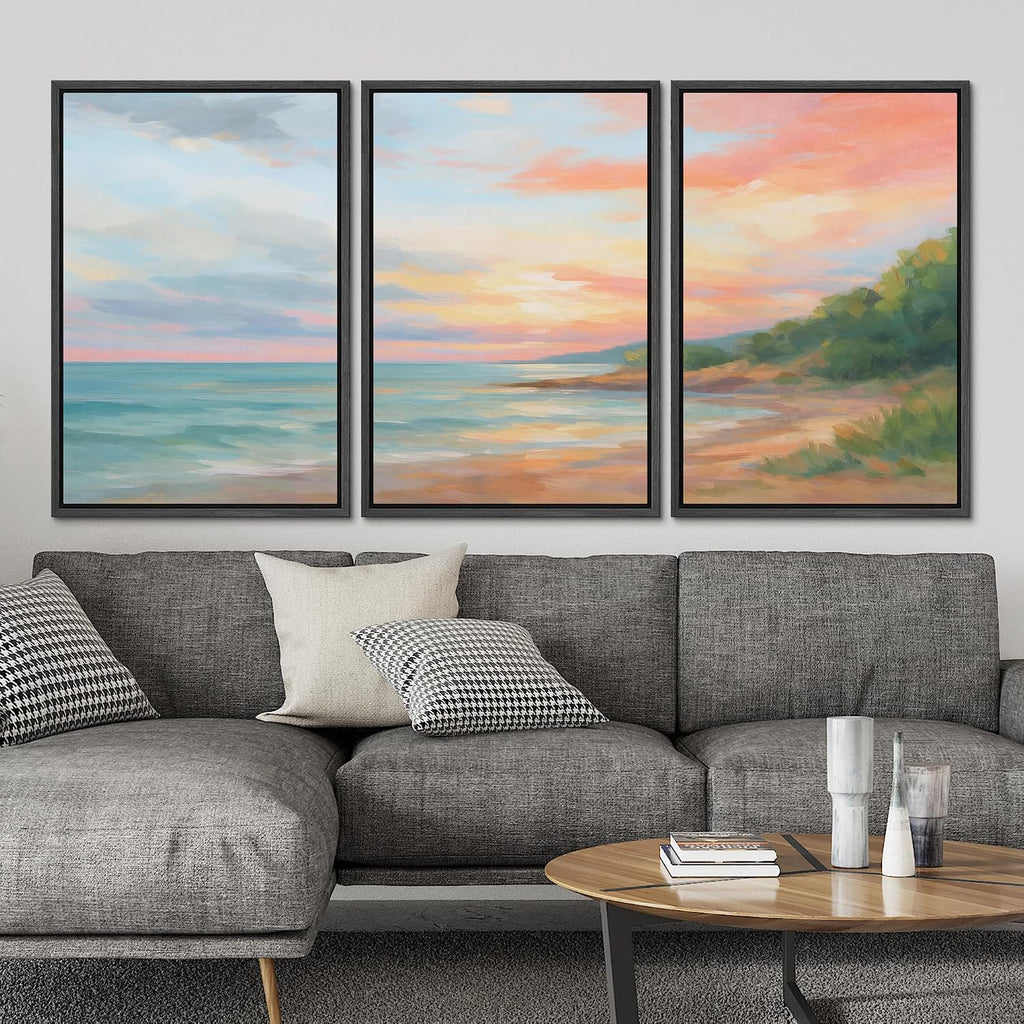 SIGNLEADER Framed Canvas Print Wall Art Set Coastal Sunset Seascape Pastel Landscape Illustrations Minimal Decorative Bohemian for Living Room, Bedroom, Office - 24'x36'x3 Black