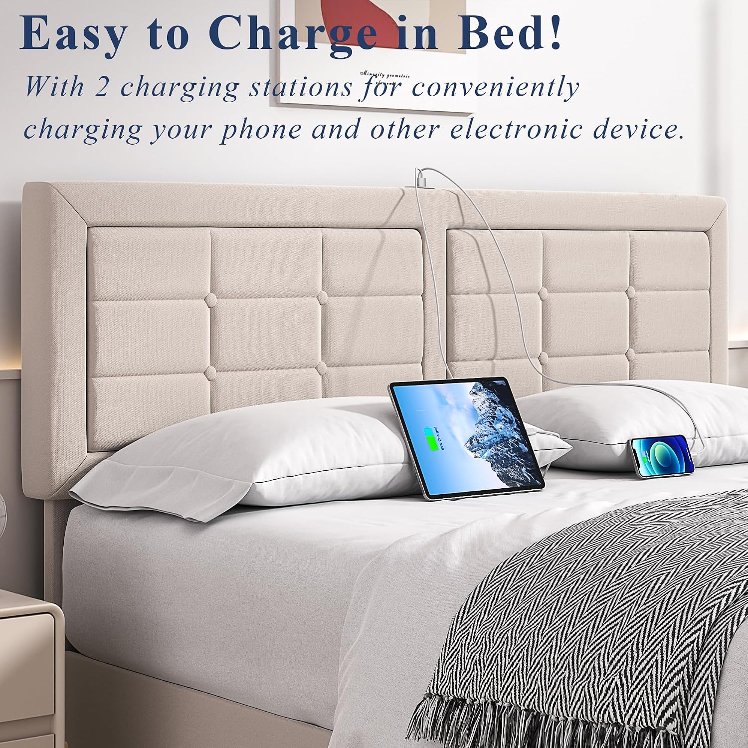 VECELO Full Size Bed Frame with 4 Storage Drawers & Adjustable Headboard, Built-in Charging Station, Upholstered Bedframe with Wood Slats Support, Beige