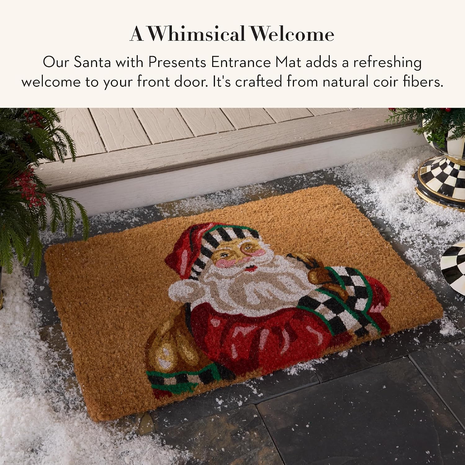 MACKENZIE-CHILDS Entrance Mat, Decorative Outdoor Front Door Mat for Christmas, Coir Door Mat, 24' x 36', Santa with Presents