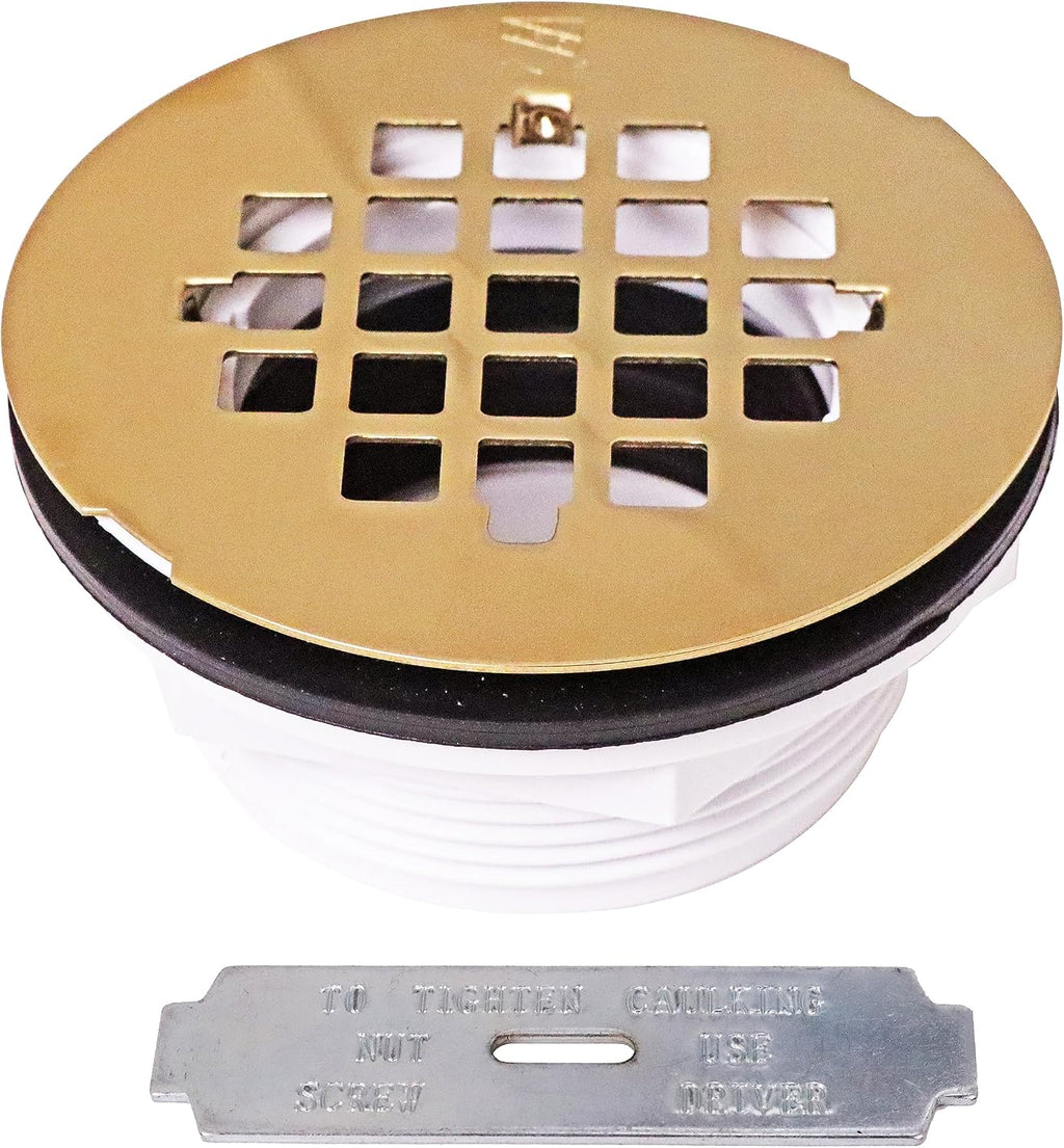 Westbrass D206P-5-01 2' No-Caulk PVC Compression Shower Drain with 4-1/4' Round Grid Cover, Polished Brass (5-Pack)